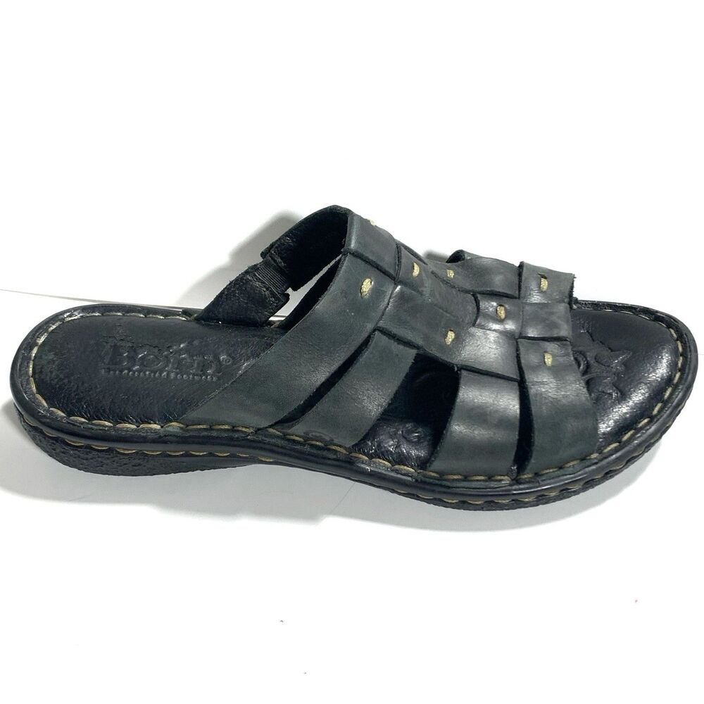 Born Black Leather Woven Slide Sandals Size 7 Women